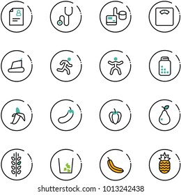 line vector icon set - patient card vector, stethoscope, tonometer, floor scales, treadmill, run, gymnastics, pills bottle, banana, eggplant, sweet pepper, pear, spica, garbage, pineapple