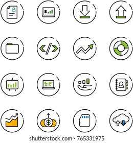 line vector icon set - patient card vector, account statistics, download, uplooad, folder, tag code, growth arrow, circle chart, presentation, monitor, contact book, dollar, micro flash