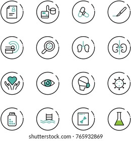 line vector icon set - patient card vector, tonometer, pills, scalpel, mri, bacteria, lungs, kidneys, heart care, eye, medical mask, virus, bottle, pool, x ray, flask