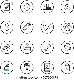 line vector icon set - patient card vector, apple, hospital building, pills, drop counter, medical patch, heart beat, gear, three leafs, bed, broken bone, mask, liquid soap, weight, mobile monitor