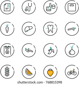 line vector icon set - patient card vector, stethoscope, tonometer, floor scales, carrot, liver, tooth, push ups, pull, abdominal muscles, banana, onion, spica, watermelone, strawberry, bike