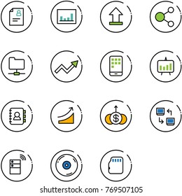 line vector icon set - patient card vector, statistics, uplooad, share, network folder, growth arrow, mobile, presentation chart, contact book, rise, dollar, data exchange, server wireless, cd