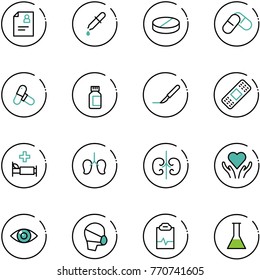 Line Vector Icon Set - Patient Card Vector, Pipette, Pill, Pills, Bottle, Scalpel, Medical Patch, Hospital Bed, Lungs, Kidneys, Heart Care, Eye, Mask, Pulse Clipboard, Flask