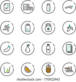 line vector icon set - patient card vector, hospital building, vial, push ups, run, pills bottle, weight, banana, eggplant, pear, milk, breads, garbage, watermelone, pineapple, pool