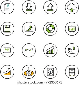 line vector icon set - patient card vector, download, uplooad, upload cloud, save, growth arrow, circle chart, presentation, statistics monitor, point, rise, dollar, hdd, tool cabinet