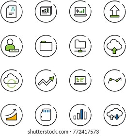 line vector icon set - patient card vector, statistics report, account, uplooad, user password, folder, network, upload cloud, refresh, growth arrow, monitor, chart point, rise, micro flash