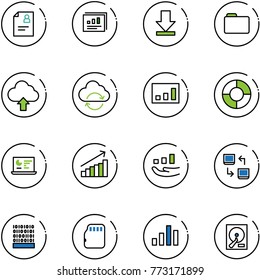 line vector icon set - patient card vector, statistics report, download, folder, upload cloud, refresh, circle chart, monitor, growth, data exchange, binary code, micro flash, hdd