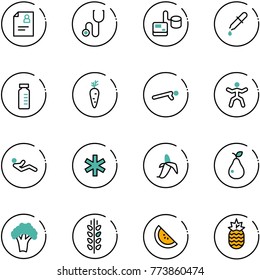 line vector icon set - patient card vector, stethoscope, tonometer, pipette, vial, carrot, push ups, gymnastics, abdominal muscles, ambulance star, banana, pear, broccoli, spica, watermelone