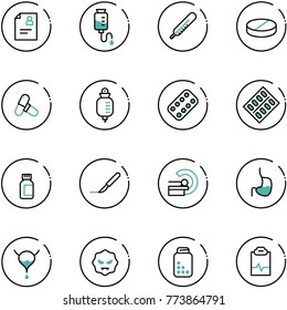 line vector icon set - patient card vector, drop counter, thermometer, pill, pills, blister, bottle, scalpel, mri, stomach, bladder, virus, pulse clipboard