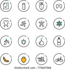line vector icon set - patient card vector, vial, heart, lungs, tooth, run, gymnastics, ambulance star, banana, sweet pepper, onion, milk, strawberry, pool, bike