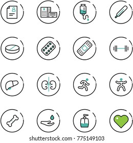 line vector icon set - patient card vector, hospital building, drop counter, thermometer, pill, pills blister, medical patch, barbell, liver, kidneys, run, gymnastics, broken bone, hand, liquid soap