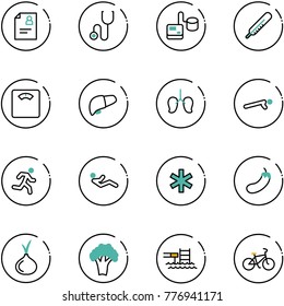 line vector icon set - patient card vector, stethoscope, tonometer, thermometer, floor scales, liver, lungs, push ups, run, abdominal muscles, ambulance star, eggplant, onion, broccoli, pool, bike