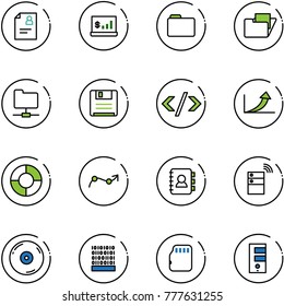 line vector icon set - patient card vector, account statistics, folder, network, save, tag code, growth arrow, circle chart, point, contact book, server wireless, cd, binary, micro flash
