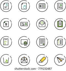 line vector icon set - patient card vector, diet list, finance calendar, account statement, check, opened mail, clipboard, document, certificate, agreement, garbage, dollar, work knife, paper plane