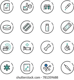line vector icon set - patient card vector, tonometer, vial, pipette, pill, pills blister, medical patch, mri, hospital bed, broken bone, disabled, ambulance star, x ray, molecule, forceps