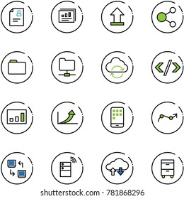line vector icon set - patient card vector, statistics report, uplooad, share, folder, network, refresh cloud, tag code, growth arrow, mobile, chart point, data exchange, server wireless