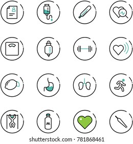 line vector icon set - patient card vector, drop counter, thermometer, heart diagnosis, floor scales, barbell, beat, lemon, stomach, lungs, run, pull ups, milk, forceps