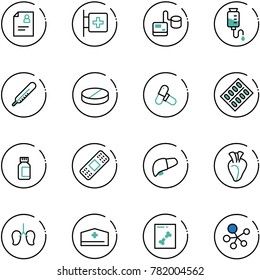 line vector icon set - patient card vector, first aid room, tonometer, drop counter, thermometer, pill, pills, blister, bottle, medical patch, liver, heart, lungs, doctor hat, x ray, molecule