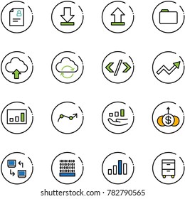 line vector icon set - patient card vector, download, uplooad, folder, upload cloud, refresh, tag code, growth arrow, statistics, chart point, dollar, data exchange, binary, tool cabinet