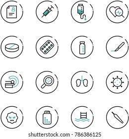 line vector icon set - patient card vector, syringe, drop counter, heart diagnosis, pill, pills blister, vial, scalpel, mri, bacteria, lungs, virus, bottle, pool, forceps
