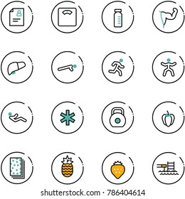 line vector icon set - patient card vector, floor scales, vial, power hand, liver, push ups, run, gymnastics, abdominal muscles, ambulance star, weight, sweet pepper, breads, pineapple, strawberry