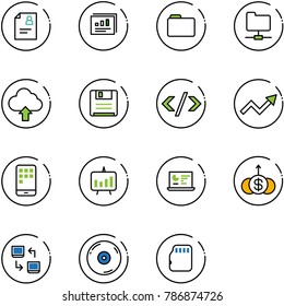 line vector icon set - patient card vector, statistics report, folder, network, upload cloud, save, tag code, growth arrow, mobile, presentation chart, monitor, dollar, data exchange, cd