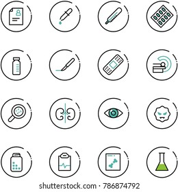 line vector icon set - patient card vector, pipette, thermometer, pills blister, vial, scalpel, medical patch, mri, bacteria, kidneys, eye, virus, bottle, pulse clipboard, x ray, flask