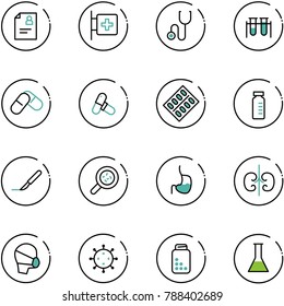 line vector icon set - patient card vector, first aid room, stethoscope, vial, pills, blister, scalpel, bacteria, stomach, kidneys, medical mask, virus, bottle, flask