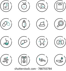 line vector icon set - patient card vector, apple, heart diagnosis, floor scales, pills, drop counter, treadmill, bacteria, stomach, liver, tooth, kidneys, run, pull ups, abdominal muscles, hand