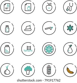 line vector icon set - patient card vector, diet list, apple, stethoscope, pills bottle, treadmill, push ups, ambulance star, pool, lemon slice, pear, onion, broccoli, spica, banana