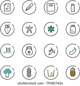 line vector icon set - patient card vector, thermometer, floor scales, vial, heart, gymnastics, ambulance star, pills bottle, pool, weight, banana, eggplant, broccoli, spica, garbage, pineapple