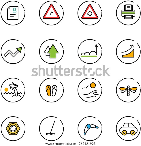 line vector icon set\
- patient card vector, turn right road sign, round motion, printer,\
growth arrow, up, rise, palm, flip flops, waves, dragonfly, nut,\
rake, boomerang, car