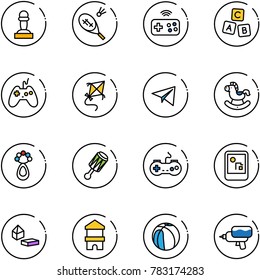 line vector icon set - pawn vector, badminton, joystick wireless, abc cube, kite, paper plane, rocking horse, beanbag, gamepad, game console, constructor blocks, toy block house, basketball