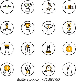 line vector icon set - pedestal vector, cup, golden branch, winner, win, gold, award, pawn, medal, victory