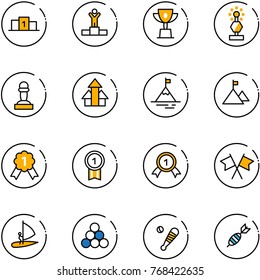 line vector icon set - pedestal vector, winner, win cup, award, pawn, arrows up, mountain, gold medal, flags cross, windsurfing, billiards balls, baseball bat, dart