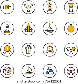 line vector icon set - pedestal vector, gold cup, award, pawn, arrows up, mountain, medal, flags cross, volleyball, windsurfing, billiards balls, soccer ball