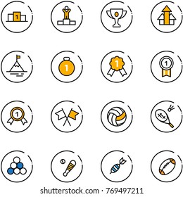 line vector icon set - pedestal vector, winner, gold cup, arrows up, mountain, medal, flags cross, volleyball, badminton, billiards balls, baseball bat, dart, football