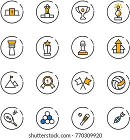 line vector icon set - pedestal vector, winner, gold cup, award, pawn, arrows up, mountain, medal, flags cross, volleyball, badminton, billiards balls, baseball bat, dart