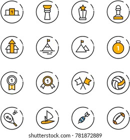 line vector icon set - pedestal vector, award, pawn, arrows up, mountain, gold medal, flags cross, volleyball, badminton, windsurfing, dart, football