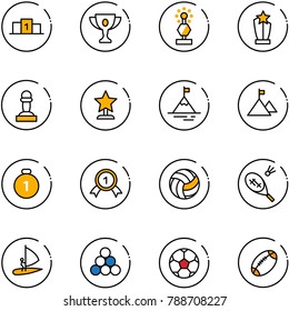 line vector icon set - pedestal vector, gold cup, award, pawn, mountain, medal, volleyball, badminton, windsurfing, billiards balls, soccer ball, football