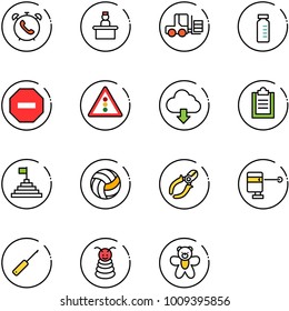 line vector icon set - phone alarm vector, recieptionist, fork loader, vial, no way road sign, traffic light, download cloud, clipboard, pyramid flag, volleyball, side cutters, laser lever, awl, toy