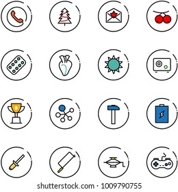 line vector icon set - phone vector, christmas tree, star letter, rowanberry, pills blister, heart, sun, safe, win cup, molecule, hammer, battery, clinch, metal hacksaw, jack, gamepad
