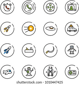 line vector icon set - phone alarm vector, horn, film coil, tv news, rocket, first satellite, woman hat, car baggage, jointer, sickle, robot, plane toy, radio