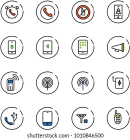 line vector icon set - phone alarm vector, no mobile sign, christmas, payment, speaker horn, antenna, power bank, signal, toy