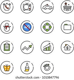 line vector icon set - phone alarm vector, tv, safety car, airport building, snowman, end minimal speed limit road sign, friends, folder, clipboard, growth arrow, home dollar, butterfly, brush