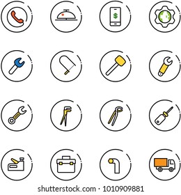 line vector icon set - phone vector, client bell, mobile payment, gear globe, wrench, fretsaw, rubber hammer, plumber, screwdriver, stapler, tool box, allen key, truck toy