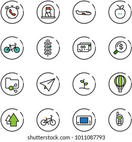 line vector icon set - phone alarm vector, officer window, small plane, apple, bike, spica, credit card, money search, shared folder, paper, sproute, air balloon, arrow up, game console, toy