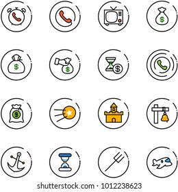line vector icon set - phone alarm vector, tv, money bag, encashment, account history, horn, first satellite, sand fort, ship bell, anchor, clock, farm fork, plane toy