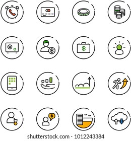 line vector icon set - phone alarm vector, credit card, coin, safe, account, money case, idea, mobile, growth, career, winner, dialog, hotel, cloud exchange data