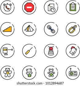 line vector icon set - phone alarm vector, no way road sign, history, clipboard, stairs, tent, link, side cutters, laser lever, awl, pyramid toy, chicken, bear, radio
